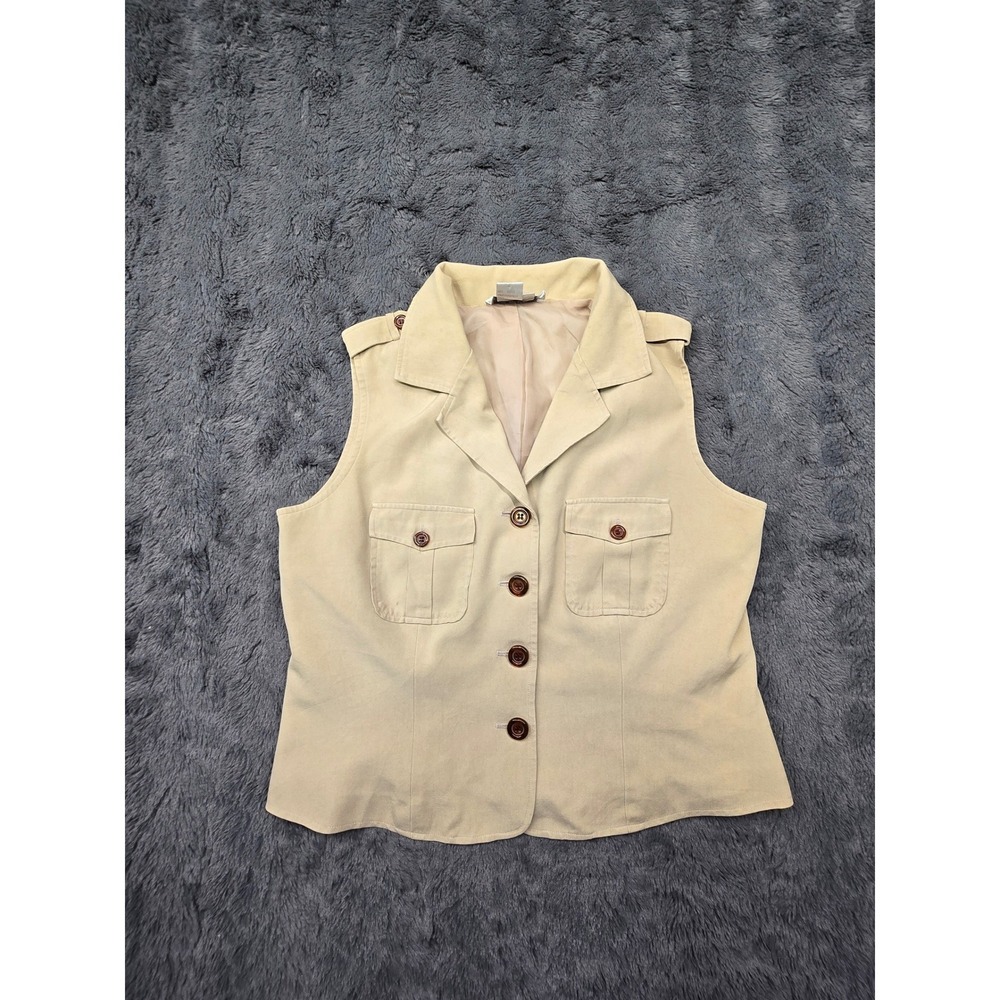 Petite Sophisticate Silk Safari Vest Tan Beige Utility Button Up Top 12P 0426